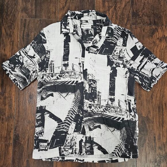Zara Men's Black & White Faux Linen Button Up - Medium - Picture 1 of 3